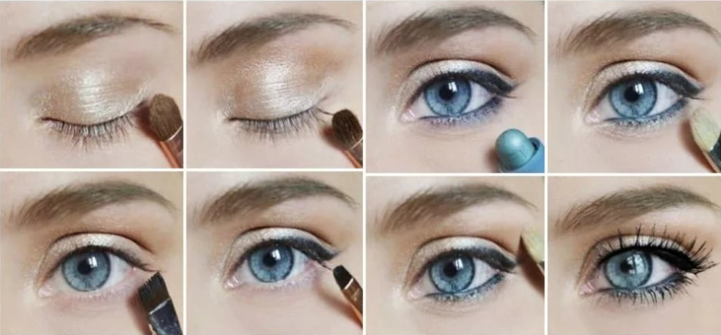 Можно добавить легкого мерцания и использовать черные стрелки, создавая красивый макияж для голубых глаз, как на представленном фото с пошаговой инструкцией нанесения яркой палитры
